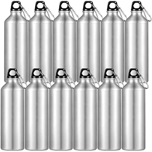 12 Pieces 24 oz Aluminum Sport Water Bottles, Lightweight Water Bottle, Reusable Leak Proof Water Bottle with Buckle and Twist Cap for Bike, Camping, Climbing, Travelling, Indoor, Outdoor(Silver)