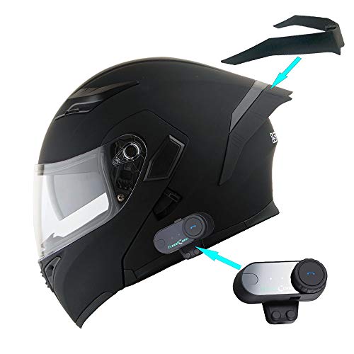 1Storm Motorcycle Modular Full Face Flip up Dual Visor Helmet + Spoiler Bundle with Freedconn Motorcycle Bluetooth Headset: HB89 Matt Black