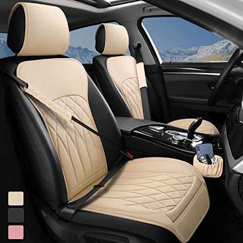 2 Pack Leather Front Car Seat Covers, Universal Sideless Car Seat Protectors with Storage Pocket and Seat Belt Pads, Waterproof Vehicle Seat Cover Automotive Seat Cushions for Cars Trucks SUV(Beige)