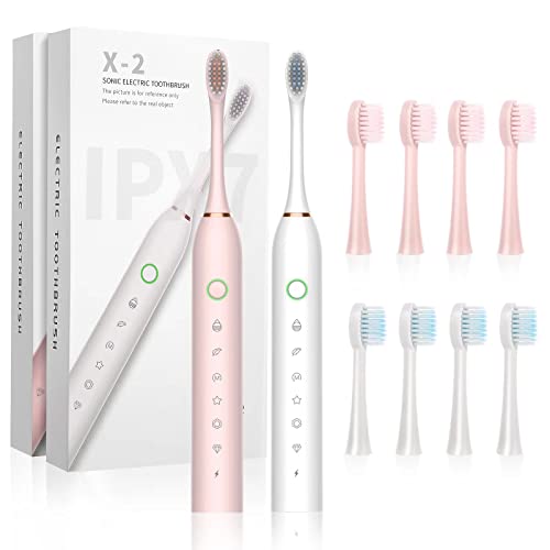 2 Pack Sonic Electric Toothbrush for Adults and Kids, Rechargeable Electric Toothbrushe with 8 Brush Heads, 6 Modes, 2 Minutes Smart Timer, 4 Hours Fast Charge for 45 Days(White-Pink)