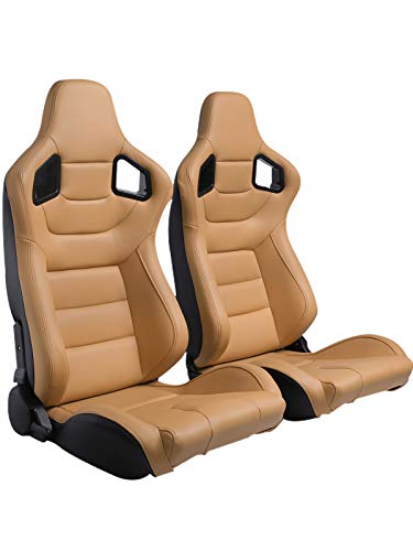 2PCS Racing Seats, Universal PVC Leather Bucket Seats Sport Pair Adjustable Seats with Sliders (Black & Beige/Tan Brown)