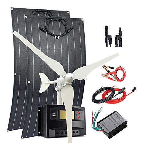 300W Solar Wind Power Kit Battery Charging System: 100W Wind Turbine Generator + 2pcs 100W Flexible Mono Solar Panel(Bump Surface ) + Wind Controller + Solar Charge Regulator + Cables