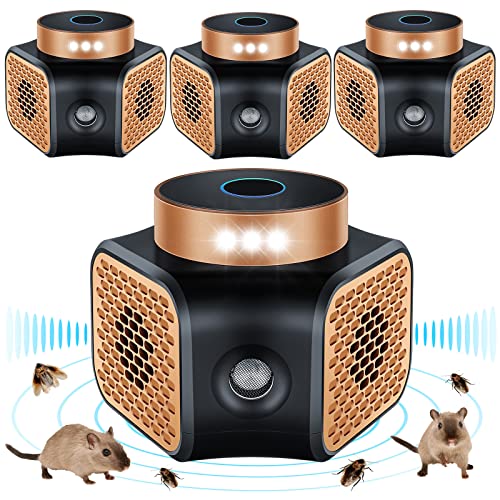 4 Pack Mouse Repellent Ultrasonic Rodent Repellent Indoor Mice Repellent Plug in Squirrel Pest Repeller Electronic Mouse Deterrent 9 Strobe Lights Predator for Attic Garage House Apartment (Brown)