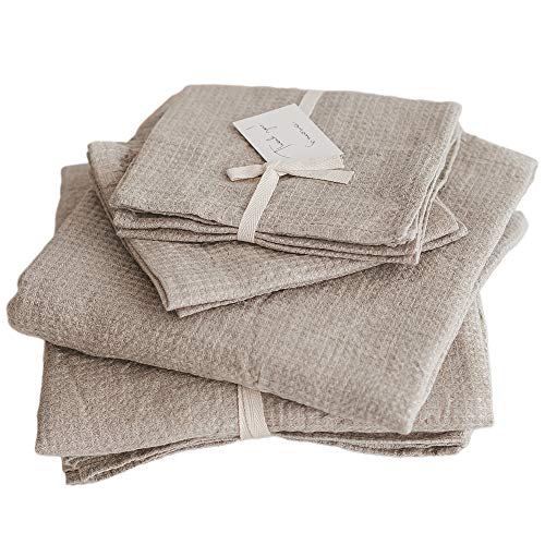 4-Piece 100% Linen Towels Set - 2 Bath Towels Set, 2 Hand Towel Sets - Natural Fiber Waffle Towels for Bathroom Thin Pre-Washed Lightweight Quick-Dry Absorbent - Made from European Natural Pure Flax