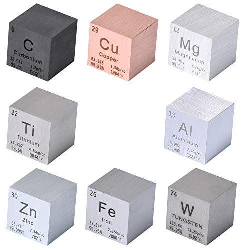 8 Pieces Element Cube Set 1” Tungsten Cube Metal, Periodic-Table of Elements, 99.95% Purity, Laser Engraved, Tungsten Titanium Copper Iron Aluminum Zinc Magnesium Carbon for Teaching, Gift, Collection
