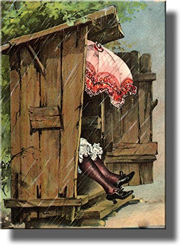 A Woman with Umbrella in Ladies Outhouse Toilet Bathroom Picture on Stretched Canvas, Wall Art Decor Ready to Hang!. (14" x 18")