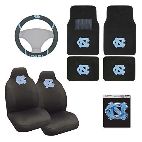 AAC FANMATS NCAA Carpet Floor Mats Bundle with Seat Covers, 3D Decal Sticker and Steering Wheel Cover for North Carolina Tar Heels Fans Officially Licensed(8 Items)