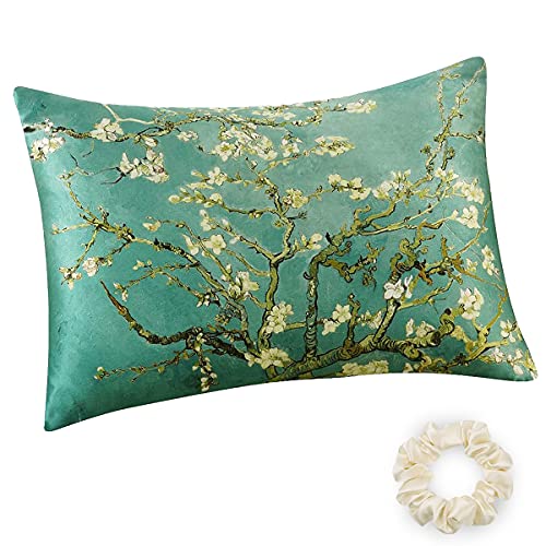 ALASKA BEAR Luxury Silk Pillowcase for Beauty Sleep, Genuine 22 Momme Mulberry Silk Pillow Case Slip for Room Decor, Cherry Blossom Pattern Printed, Queen Size (1pc, Gift Box)