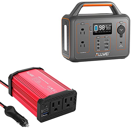 ALLWEI 300W Portable Power Station and 300W Red Car Power Inverter, 280Wh Backup Lithium Battery, USB-C PD60W, 110V Pure Sine Wave AC Outlet, 78000mAh Solar Power Generator LED Light for Camping