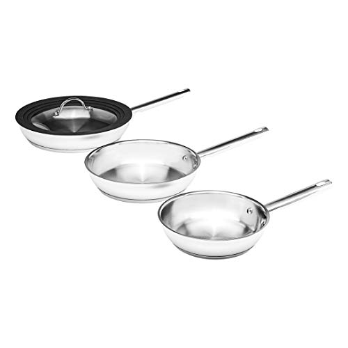 Amazon Basics Full induction Stainless Steel 3pc Frypan set with universal lid, 20cm/24cm/28cm Frypan with Full induction