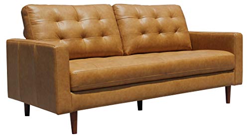 Amazon Brand – Rivet Cove Mid-Century Modern Tufted Leather Apartment Sofa, 72"W, Caramel