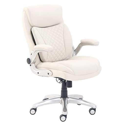 AmazonCommercial Ergonomic Executive Office Desk Chair with Flip-up Armrests and Adjustable Height, Tilt and Lumbar Support, Cream Bonded Leather