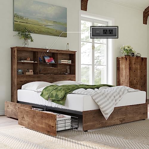 AMERLIFE Queen Size Bed Frame Wooden Platform Bed with 51.2" Storage Bookcase Headboard, 4 Storage Drawers & Charging Station/No Box Spring Needed/Noise Free/Rustic Brown