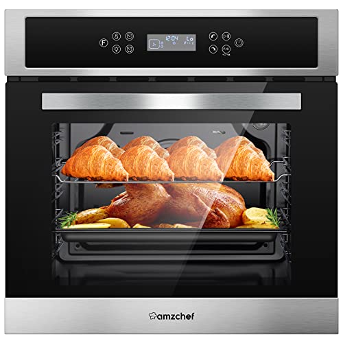 AMZCHEF Single Wall Oven 24" Built-in Electric Ovens with 11 Functions, 8 Automatic Recipes, 2800W, 240V, 2.5Cu.f Convection Wall Oven in Stainless Steel, Touch Control, Timer, Safety Lock 8 Automatic Programming Modes for Quick Start