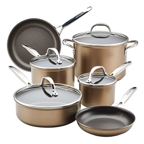 Anolon Ascend Hard Anodized Nonstick Cookware/Pots and Pans Set - Good for All Stovetops (Gas, Glass Top, Electric & Induction), Dishwasher & Oven Safe with Stainless Steel Handles, 10 Piece - Bronze