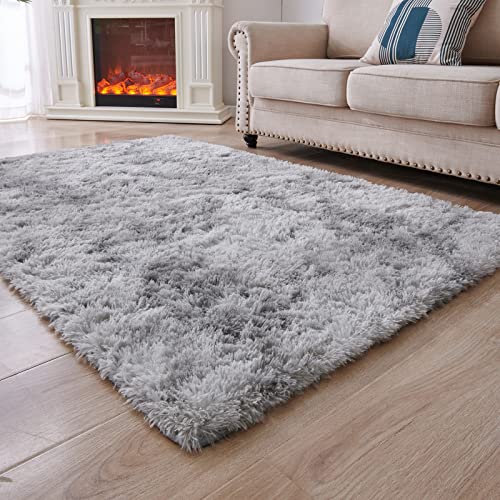 ANVARUG Fluffy Rugs for Living Room, 5’x8’ Area Rug, Luxurious Shag Carpet Rugs for Bedroom, Anti-Skid Shaggy Rectangular Area Rug, Tie-Dyed Light Grey