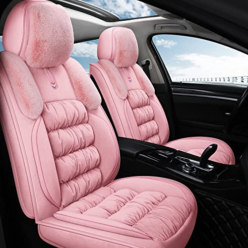 AOOG Fuzzy Car Seat Covers Full Set, Fluffy Automotive, for Cars SUV Pick-up Truck, Soft Plush Synthetic Fur Car Seat Cushions, Warm Seat Cover Winter Protector,Pink