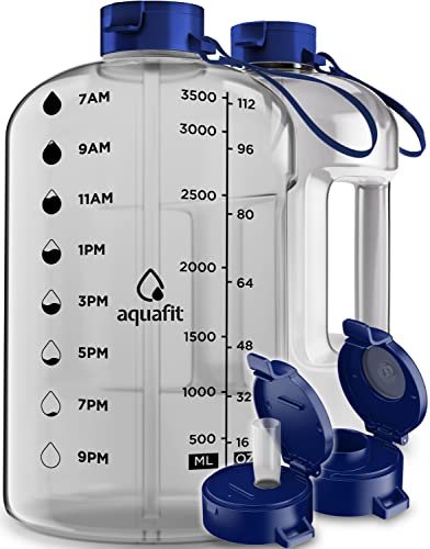 AQUAFIT 1 Gallon Water Bottle With Straw & Times To Drink - 128 oz - Motivational - Large - Sports Gym Water Jug With Time Marker
