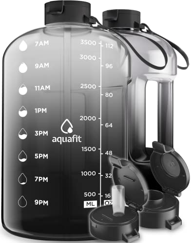 AQUAFIT 1 Gallon Water Bottle With Times To Drink - 128 oz Water Bottle With Straw - Motivational Water Bottle - Large Water Bottle - Sports Water Bottle With Time Marker - Gym Water Jug 1 Gallon, Black