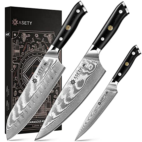 ASETY Damascus Knife Set 3 PCS, NSF Food-Safe Kitchen Knife Set with Japanese VG10 Steel Core, Ultra-Sharp Professional Chef Knife Set and Full Tang G10 Handle, Gift for Fathers Day