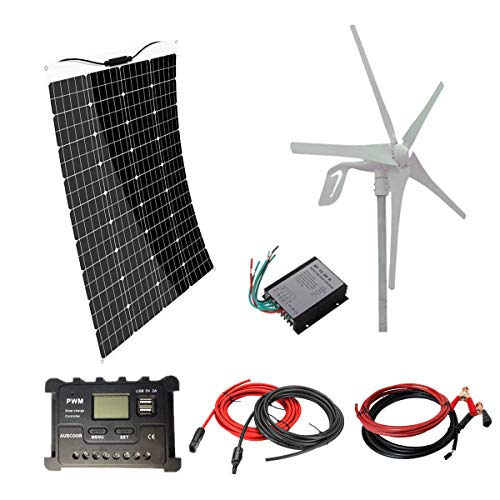 AUECOOR 500W(520W) Solar Wind Power Kit: 120W Mono Flexible Solar Panel + 400W 12V Wind Turbine Generator + Accessories for RV, Boat, Cabin, Trailer, Roofs, Off Grid System, 12V Battery Charging