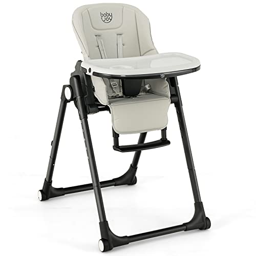 BABY JOY High Chair for Babies & Toddlers, Foldable Highchair with Adjustable Backrest/Footrest/Seat Height, Double Removable Trays, Detachable Seat Cushion, Wheels, Aluminum Frame (Gray)