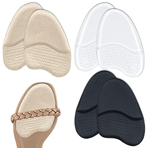 Beautulip Metatarsal Pads for Women, Anti-Sliding Pads for Open Toe Shoes, Ball of Foot Cushions, Shoe Filler, Reduce Foot Slip 3-Pair (Beige+Black+Clear)