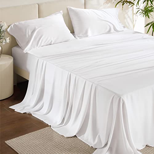 Bedsure Cooling Sheets Set White, Rayon Made from Bamboo, Queen Sheet Set, Deep Pocket Up to 16", Hotel Luxury Silky Soft Breathable Bedding Sheets & Pillowcases
