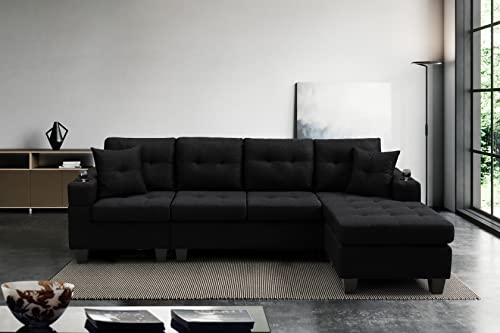 BIADNBZ Reversible Sectional Sofa with Chaise Lounge and Cupholders, L-Shape 4-Seat Couch Living Room Furniture Set for Apartment Office, w/2 Pillows, Black