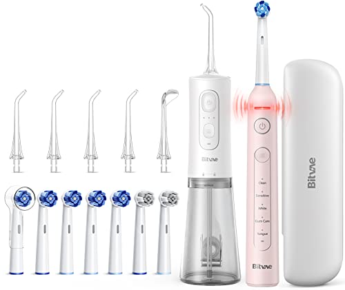 Bitvae C2 Cordless Water Dental Flosser & R2 Rotating Electric Toothbrush Bundle, White & Pink