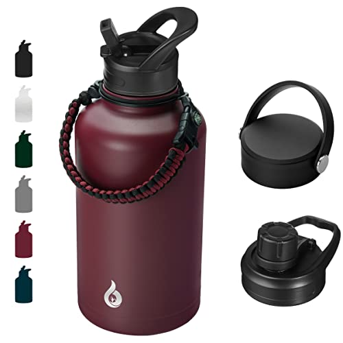 BJPKPK Half Gallon Insulated Water Bottles with Straw Lid,64oz Large Water Bottle,Stainless Steel Water Bottles with 3 Lids and Paracord Handle, Water Bottle for Hot & Cold Liquid, Brick Red