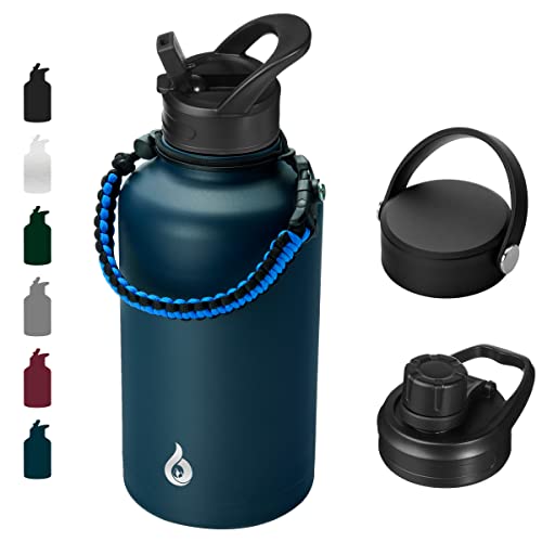 BJPKPK Half Gallon Insulated Water Bottles with Straw Lid,64oz Large Water Bottle,Stainless Steel Water Bottles with 3 Lids and Paracord Handle, Water Bottle for Hot & Cold Liquid, Navy Blue