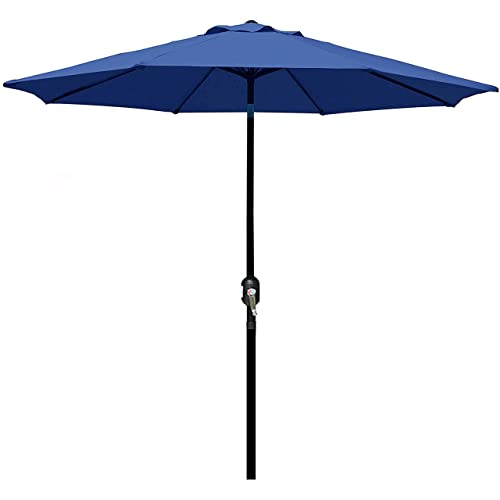 Blissun 9' Outdoor Patio Umbrella, Striped Market Umbrella with Push Button Tilt and Crank (Navy Blue)