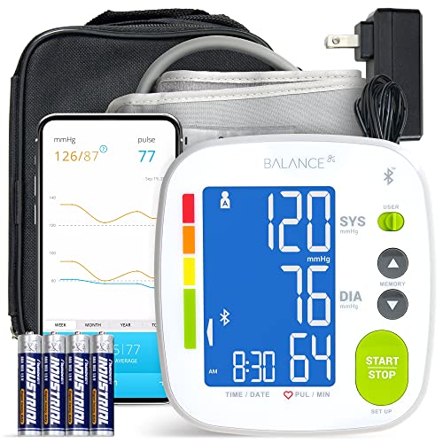 Bluetooth Blood Pressure Monitor Cuff by Balance with Upper Arm Cuff, Digital Smart BP Meter with Large Display, Set Also Comes with Tubing and Device Bag (Bluetooth)
