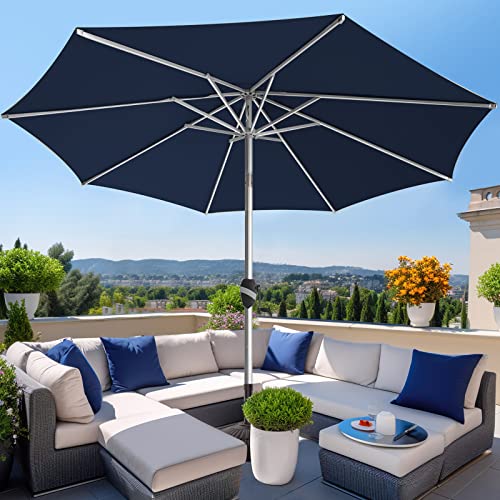 BLUU 10 FT Aluminum Outdoor Patio Umbrella, 5-YEAR Fade-Resistant Outdoor Market Table Umbrella with Push Button Tilt, for Pool, Deck, Garden and Lawn (Navy Blue)