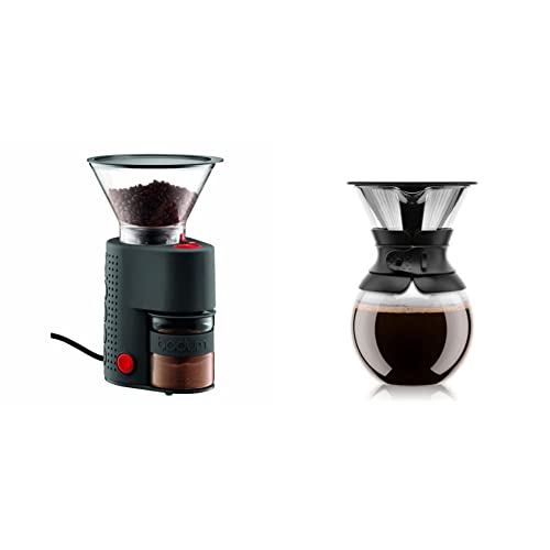 Bodum Bistro Burr Coffee Grinder, 1 EA, Black & Pour Over Coffee Maker with Permanent Filter, 1 Liter, 34 Ounce, Black Band