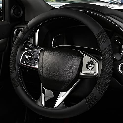BOKIN Leather Steering Wheel Cover with Breathable Microfiber and Viscose for Men Women,Universal 14.5-15 Inch Anti-Slip Odorless Black Car Wheel Protector