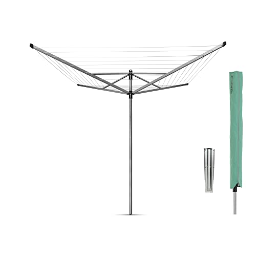 Brabantia Lift-O-Matic Outdoor 4 Arm Clothesline (197 ft/Ø 1.8") Height Adjustable, Folding Clothes Drying Rack + Ground Spike & Cover (Gray)