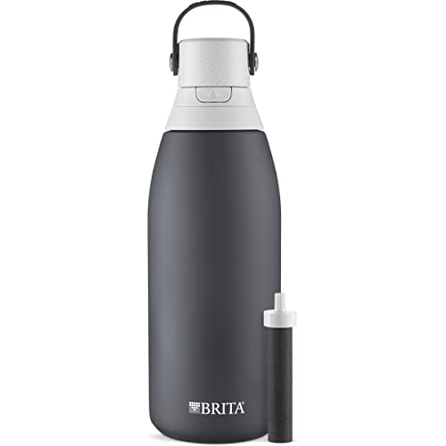 Brita Insulated Filtered Water Bottle with Straw, Reusable, Stainless Steel Metal, Carbon, 32 Ounce