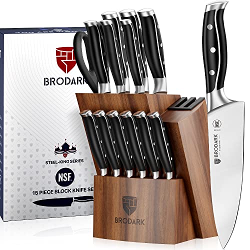BRODARK Kitchen Knife Set with Block, Full Tang 15 Pcs Professional Chef Knife Set with Knife Sharpener, Food Grade German Stainless Steel Knife Block Set, Steel-king Series for Fathers Day