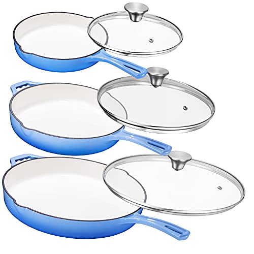 Bruntmor Pre-seasoned 8 Inch, 10 Inch &12 Inch Blue Enamel Cast Iron Nonstick Frying Pan | Set of 3 With Tempered Glass Lid | Oven Safe Cast Iron Skillet | Egg Pan/Grill Pan Set | Cast Iron Pot