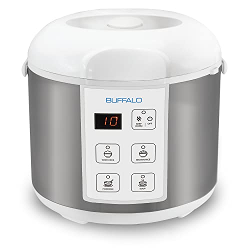 Buffalo Classic Rice Cooker with Clad Stainless Steel Inner Pot (5 cups) - Small Electric Rice Cooker for White/Brown Rice, Porridge, Soup - Easy-to-clean, Non-Toxic & Non-Stick, Auto Warmer, Timer Display