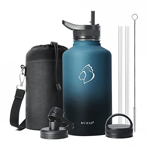 BUZIO Insulated Water Bottle 64 oz with Straw Lid (3 Lids), 64oz Stainless Steel Water Bottle Half Gallon Jug Flask, Double Wall Vacuum Sports Thermo Mug, Cold Hot Hydro Metal Canteen, Indigo Black