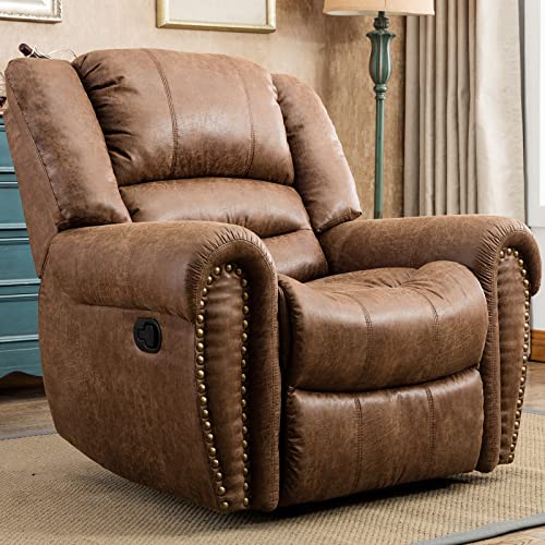 CANMOV Leather Recliner Chair, Classic and Traditional Manual Recliner Chair with Comfortable Arms and Back Single Sofa for Living Room, Nut Brown