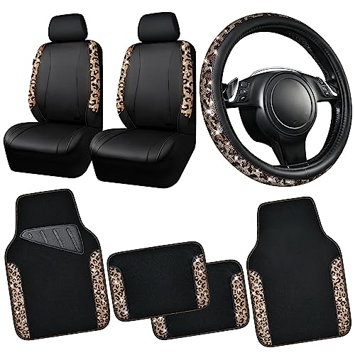 CAR PASS® Leopard Diamond Interior Set Black Leather Bling Car Seat Cover Front & Rhinestone Car Floor Mats 4pcs& Sparkle Steering Wheel Cover 15" Shining Set Universal for 95%Auto SUV Cute Women Gold