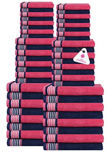 CASA COPENHAGEN He&She Towels, 550GSM Hotel & Spa Decorative Kitchen & Bathroom Egyptian Cotton 72Pieces Towel Set, Includes 24Bath Towels 24Hand Towels 24Washcloths- Dutch Blue & Pink