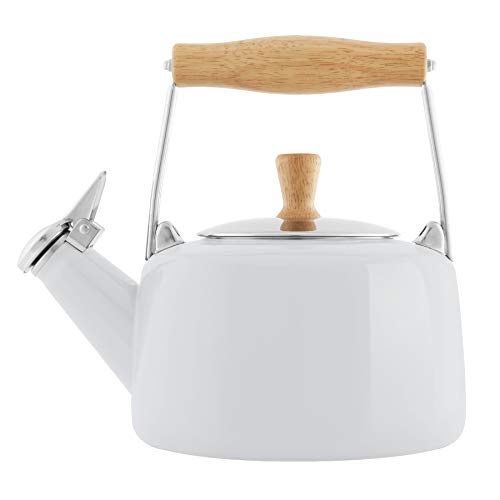 Chantal SVEN Enamel on Steel Whistling Teakettle with Natural Wood handle, 1.4 quarts, White