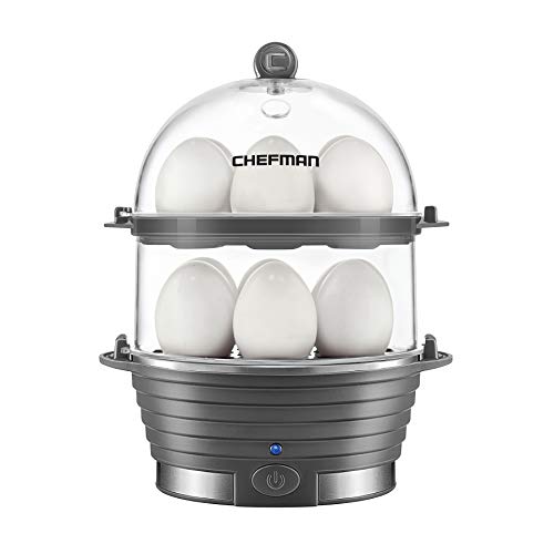 Chefman Electric Egg Cooker Boiler, Rapid Egg-Maker & Poacher, Food & Vegetable Steamer, Quickly Makes 12 Eggs, Hard or Soft Boiled, Poaching and Omelet Trays Included, Ready Signal, BPA-Free, Grey