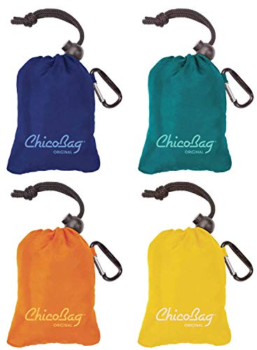 ChicoBag Original Reusable Tote Bag with Carabiner Clip | Compact Reusable Grocery Bags | Eco Friendly | Mazarine, Aqua, Orange Peel, Yellow (Pack of 4)
