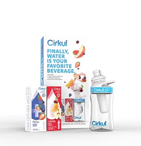 Cirkul 12 oz Plastic Water Bottle Starter Kit with Blue Lid and 2 Flavor Cartridges (Fruit Punch & Mixed Berry)